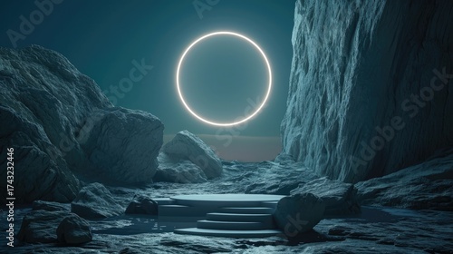 Tranquil nightscape featuring a glowing ring above a stone staircase set within a rocky landscape.
