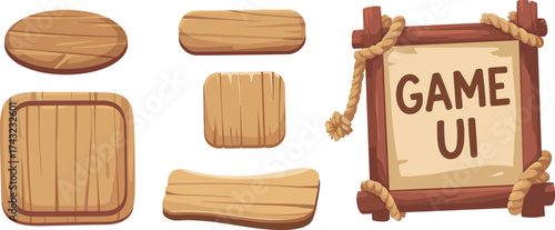 Cartoon wooden game UI elements set, vector illustration of wood buttons and frames, rustic interface assets for mobile adventure game