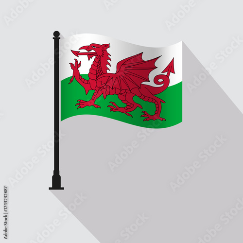 Wales National Waving Flag Pole Vector Illustration