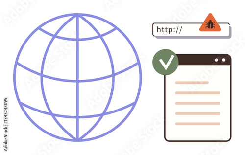Globe represents the internet, browser with malware alert, and secure page icon. Ideal for cybersecurity, web safety, internet protection, data integrity, software checks, risk awareness simple flat