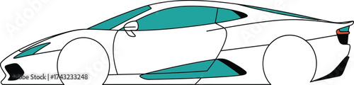 Side view of a sleek white sports car with teal accents, showcasing its aerodynamic design