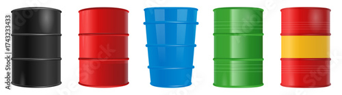 set of 3d realistic oil barrel drum. vector illustration