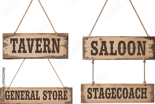 Vintage western wooden saloon and tavern signs, rustic hanging wood boards with rope, old style bar signage for design illustration