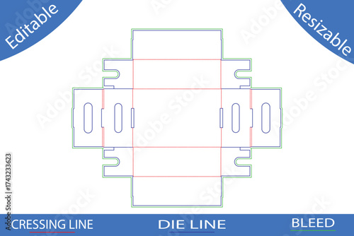 Die line template for a square box with interlocking flaps