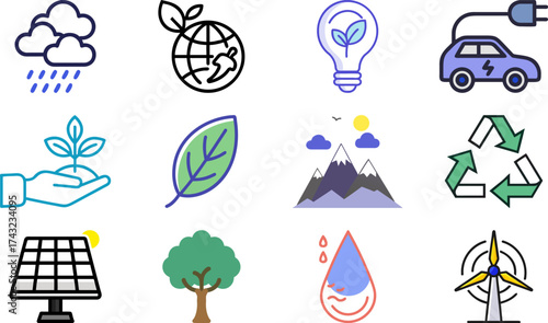 A collection of eco-friendly icons depicting various elements like solar panel, rain, leaf and etc. Representing green energy and sustainable living