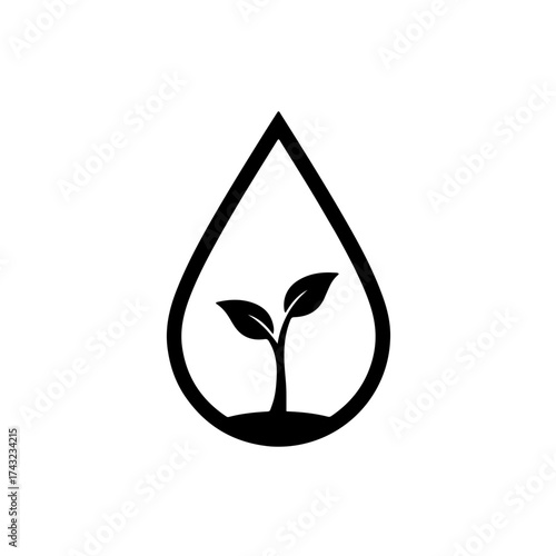 Minimalist Water Drop and Plant Life Icon. A powerful black and white vector symbol representing sustainability, growth, and the essential source of life. The single water droplet gracefully contains