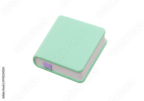 A 3D illustration of a closed, light green book with a purple bookmark, Isolated on transparent background, png.