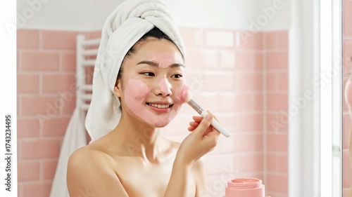 Woman Applying Makeup in Bathroom Mirror After Shower.