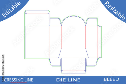 Packaging box die cut template with rounded top flaps and base