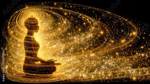 Spiritual enlightenment and inner peace achieved through meditation and cosmic energy flow