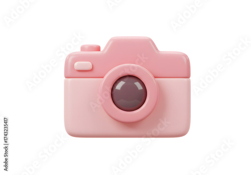 A cute, cartoon-style pink camera with a lens, buttons, and a flash, Isolated on transparent background, png.