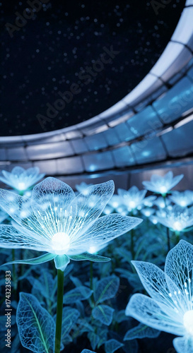 Translucent Neural-Flowers Pulsing Blue Light in Chrome Dome – Futuristic Sci-Fi Garden Scene