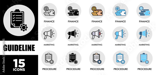 GUIDELINE icon set with various styles and colors of corporate sustainability performance for investment screening	
