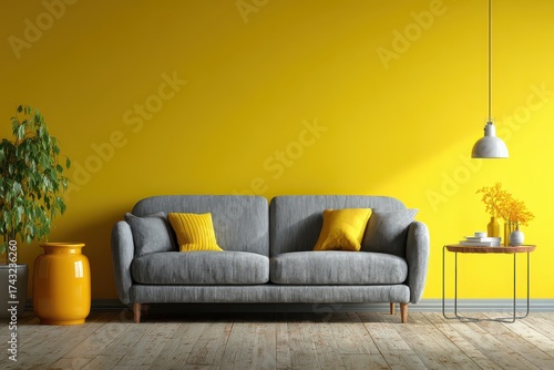 Interior room with gray sofa, yellow wall, wooden floor, and minimal decorations. Perfect for illustrating interior design trends and modern living concepts.