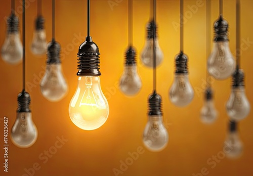 Illuminated lightbulb stands out from a group