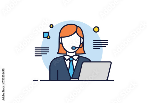 A professional call center agent wearing a headset and sitting in front of a laptop computer. 