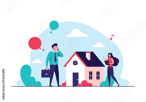 Real estate agents discussing home sale with clients and analyzing property data.