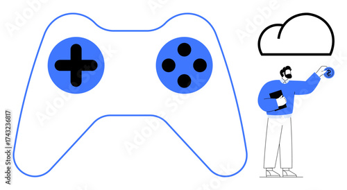 Gaming controller with a player exploring cloud integration and digital technology. Ideal for gaming, connectivity, digitization, innovation, entertainment, technology, remote access. Simple flat