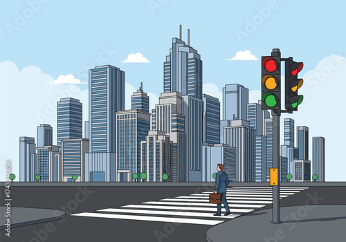 A lone businessman walks across a city crosswalk towards modern skyscrapers.
