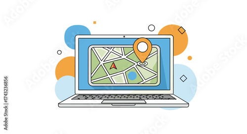 A laptop screen displays a map with a location pin on it.