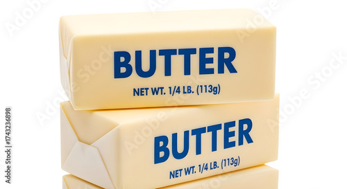 Wrapped sticks of BUTTER stacked, showing the 1/4 lb net weight, used for cooking or baking. isolated PNG with Transparent Background