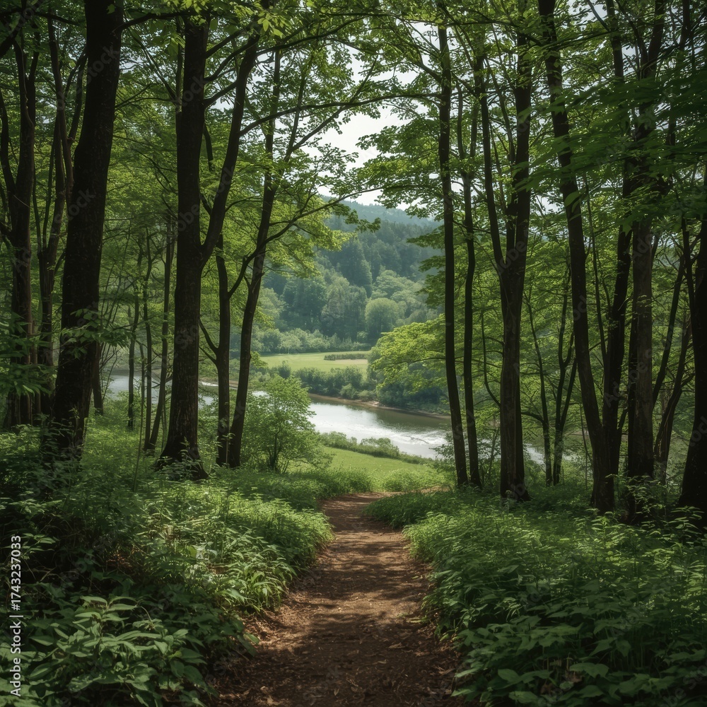Obraz premium A Peaceful Path Through a Lush Green Forest Leading to a Scenic River Vista