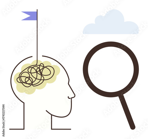 Human head with tangled thoughts, magnifying glass for analysis, and cloud for ideas. Ideal for problem-solving, brainstorming, critical thinking, innovation, research, psychology simple flat