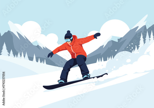 A snowboarder gracefully carving down a snowy mountain slope on a clear day.