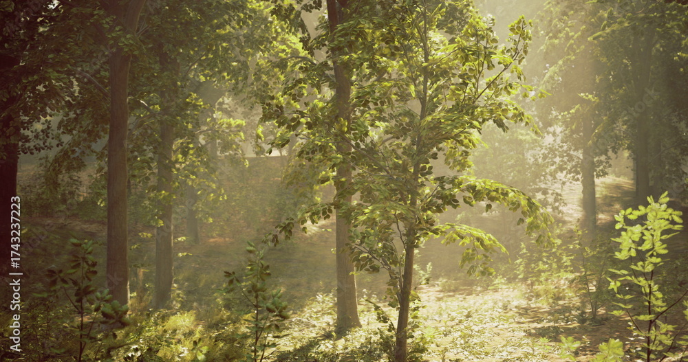 Fototapeta premium Sunlight gently streams through the leaves of lush green trees, creating a tranquil atmosphere in the forest during golden hour, enhancing the natural beauty of the surroundings.