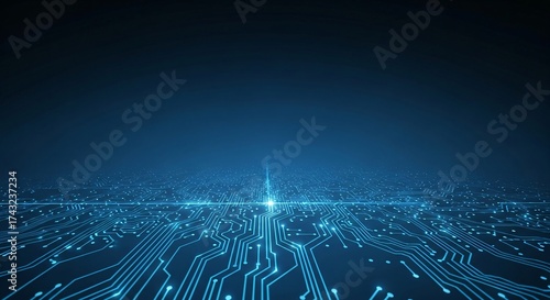 Futuristic glowing circuit board network stretching into digital infinity