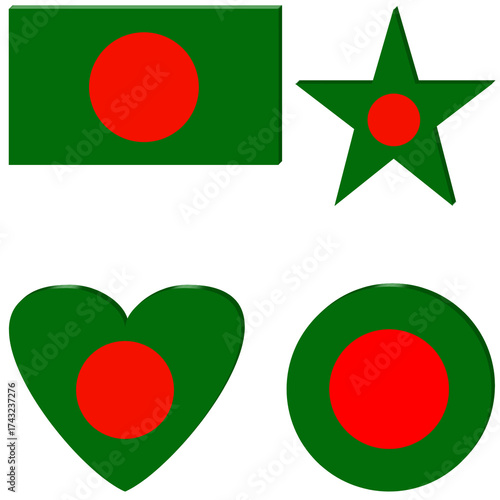 Bangladesh flag design, star design, circle design, love design, green color, red color