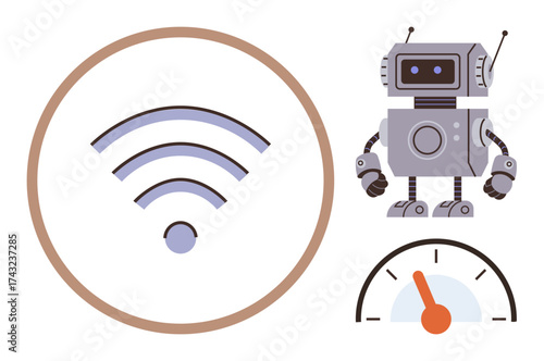 wireless signal icon, a robot with antennas, and a speed gauge emphasizing connectivity, automation, and efficiency. Ideal for technology, IoT, AI, robotics innovation automation and speed simple