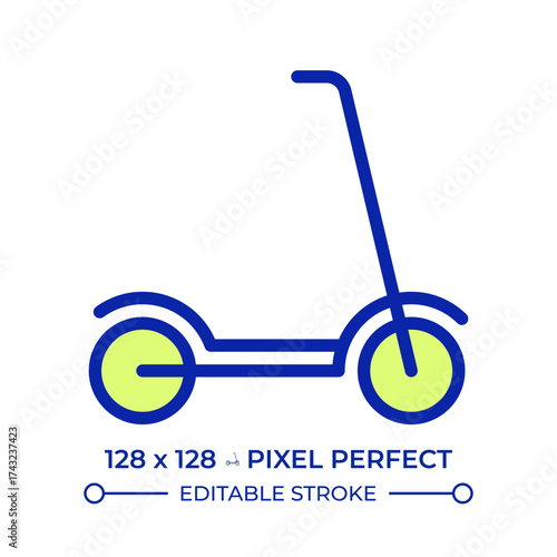 Kick scooter pixel perfect line color icon. Electric scooter sharing. Human powered two wheeled vehicle. Ecology care. Isolated vector illustration. Flat colorful symbol design. Editable stroke