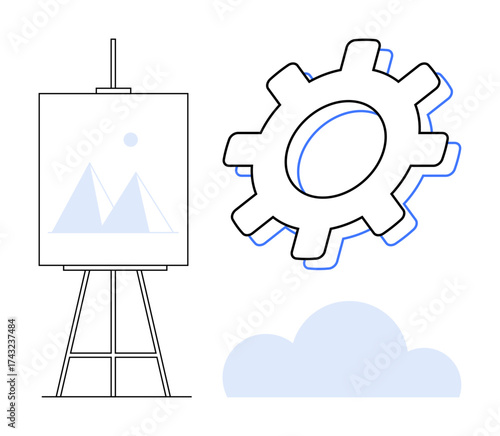 Gear symbolizes innovation, easel with artwork highlights creativity, and cloud represents connectivity. Ideal for business, technology, creativity, brainstorming, teamwork, innovation