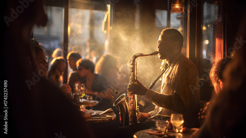 Intimate Evening Jazz Performance with Artist Playing Saxophone in a Cozy Cafe Atmosphere