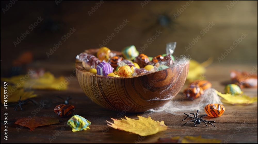 Fototapeta premium backlighting. Rustic wooden bowl filled with colorful candies, surrounded by autumn leaves for playful Halloween charm. representing seasonal cycles and harvest abundance.