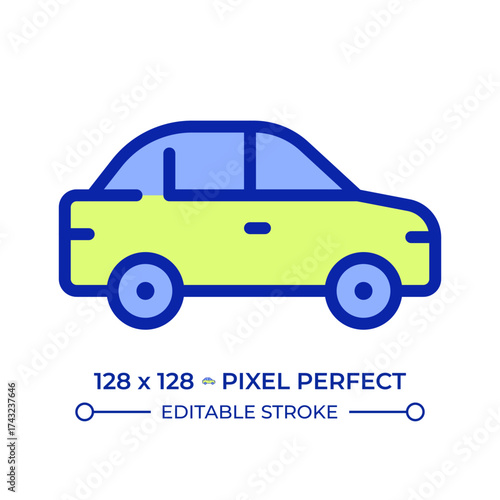 Car pixel perfect line color icon. Driving automobile. Comfortable personal vehicle. Transportation by freely auto. Isolated vector illustration. Flat colorful symbol design. Editable stroke