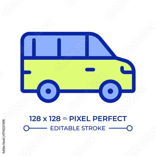 Minibus pixel perfect line color icon. Public passenger vehicle. Transporting people by urban service. Microbus. Isolated vector illustration. Flat colorful symbol design. Editable stroke