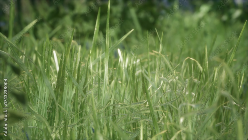 Obraz premium Morning light filters through grass blades, highlighting droplets of dew. This tranquil meadow invites peaceful reflection, surrounded by vibrant greenery and natures grand embrace.