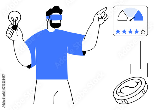 Man wearing VR headset holds a lightbulb while pointing at a rating gauge and coin, blending innovation, technology, and evaluation. Ideal for innovation, futuristic concepts, virtual reality