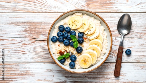 Overhead shot of a healthy breakfast oatmeal bowl
