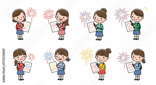 Girls drawing fireworks with happy expressions