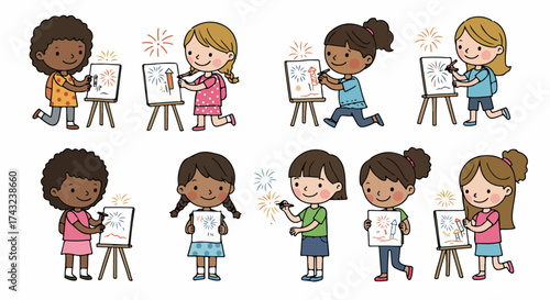 Children painting fireworks on easels