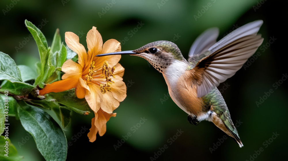Fototapeta premium Close up of hummingbird hovering beside glowing flower, showcasing nature beauty and grace