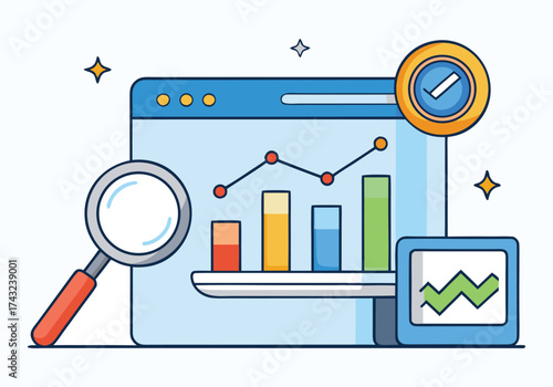 Online SEO optimization concept, website analytics dashboard, magnifying glass, upward arrow, flat minimal vector design