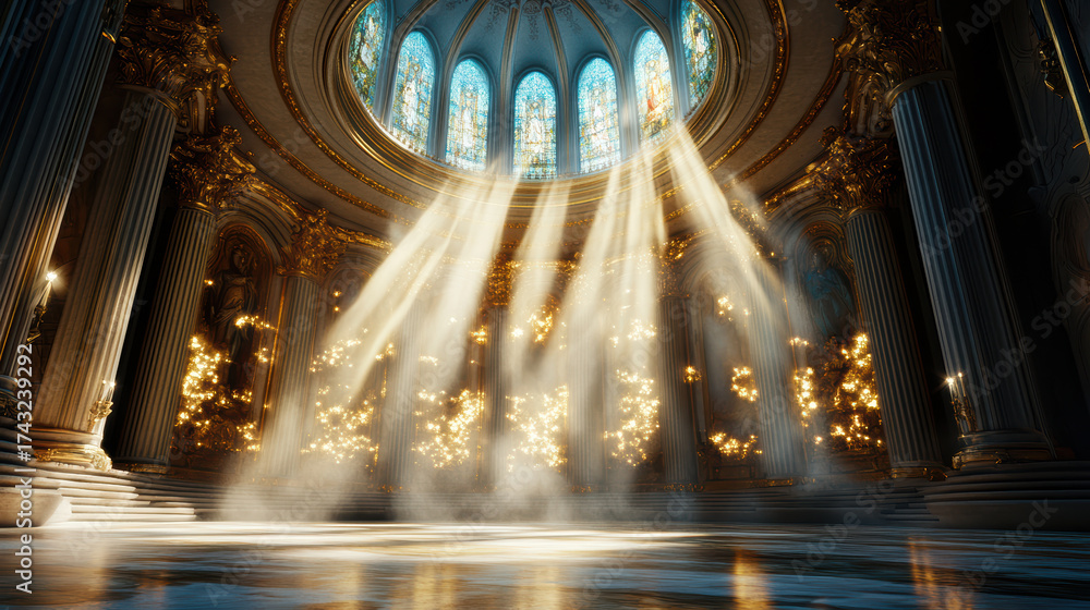 Obraz premium Majestic interior with sunlight streaming through stained glass windows, illuminating space