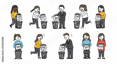 People discarding 2025 calendars, frustration and deadlines