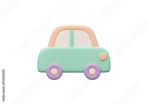 A cute, stylized toy car in soft pastel colors, rendered in a 3D claymation style and  Isolated on transparent background, png
