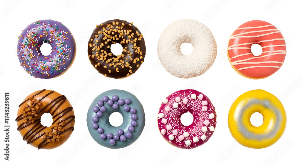 Fototapeta premium Set of assorted colorful glazed donuts with sprinkles and toppings, sweet dessert variety isolated PNG with Transparent Background