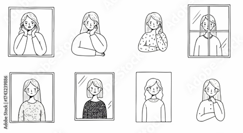 Thoughtful woman in window frames, pensive mood